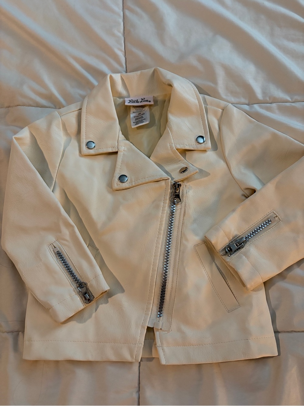 Little Lass Cream Faux Leather Moto Jacket with Silver Hardware